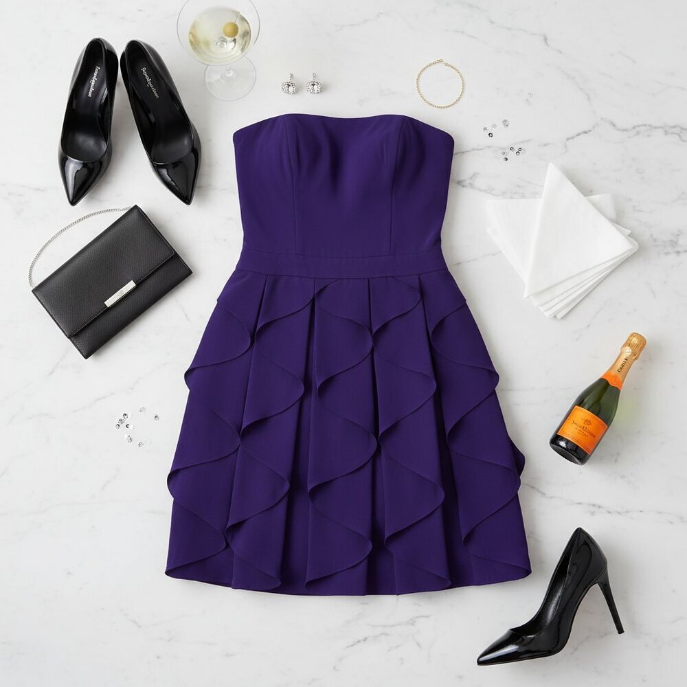 Reiss Strapless Purple Ruffled Cocktail Dress